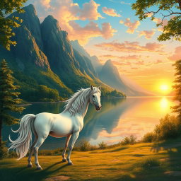 A beautifully detailed illustration of a mystical landscape, featuring a serene lake surrounded by towering mountains with lush greenery