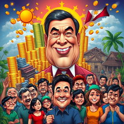 A vibrant caricature illustrating the current political landscape in the Philippines, featuring a large, exaggerated figure of a politician with a mischievous grin, surrounded by colorful symbols of economic growth and challenges, such as overflowing stacks of coins symbolizing wealth and a backdrop of poverty