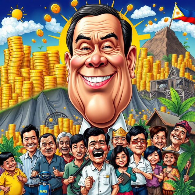A vibrant caricature illustrating the current political landscape in the Philippines, featuring a large, exaggerated figure of a politician with a mischievous grin, surrounded by colorful symbols of economic growth and challenges, such as overflowing stacks of coins symbolizing wealth and a backdrop of poverty