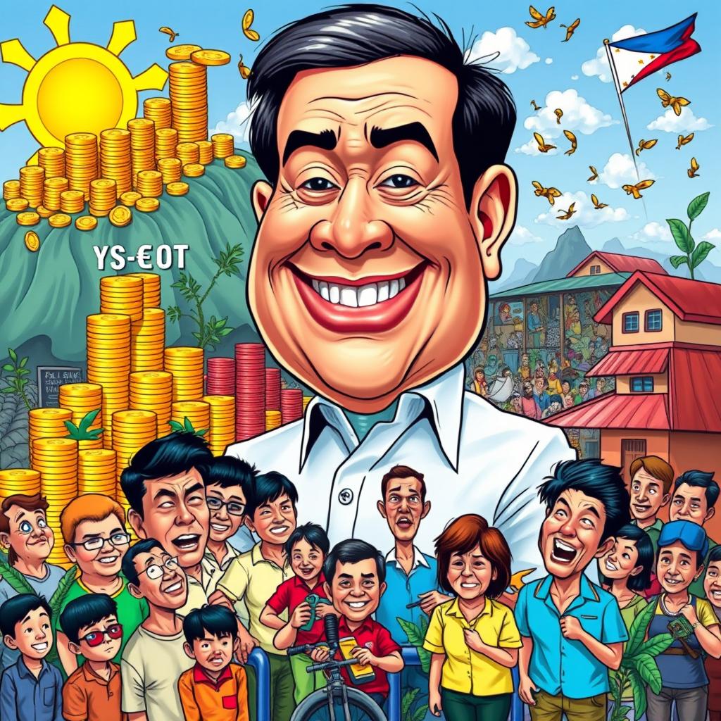 A vibrant caricature illustrating the current political landscape in the Philippines, featuring a large, exaggerated figure of a politician with a mischievous grin, surrounded by colorful symbols of economic growth and challenges, such as overflowing stacks of coins symbolizing wealth and a backdrop of poverty