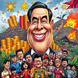 A vibrant caricature illustrating the current political landscape in the Philippines, featuring a large, exaggerated figure of a politician with a mischievous grin, surrounded by colorful symbols of economic growth and challenges, such as overflowing stacks of coins symbolizing wealth and a backdrop of poverty