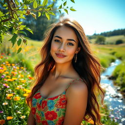 A stunning portrait of a woman in a lush green landscape, surrounded by colorful wildflowers under a clear blue sky
