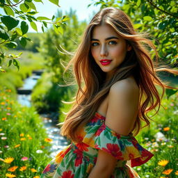 A stunning portrait of a woman in a lush green landscape, surrounded by colorful wildflowers under a clear blue sky
