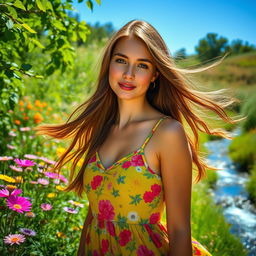 A stunning portrait of a woman in a lush green landscape, surrounded by colorful wildflowers under a clear blue sky