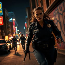 A dynamic night scene featuring a determined policewoman chasing criminals down a dimly lit street