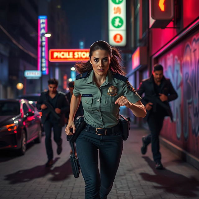 A dynamic night scene featuring a determined policewoman chasing criminals down a dimly lit street