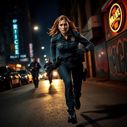 A dynamic night scene featuring a determined policewoman chasing criminals down a dimly lit street