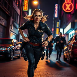 A dynamic night scene featuring a determined policewoman chasing criminals down a dimly lit street