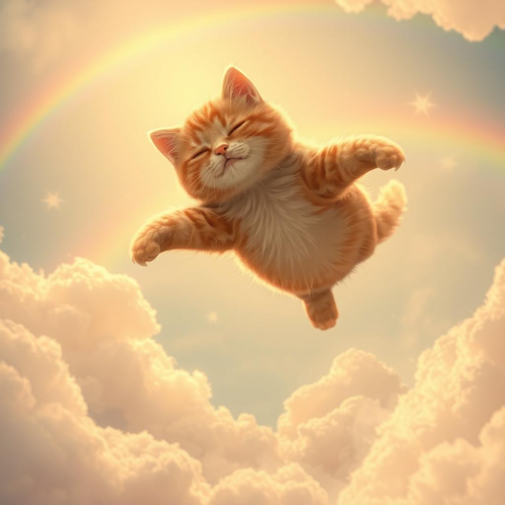 A whimsical and serene scene of a dead ginger cat soaring gracefully towards a softly glowing heaven