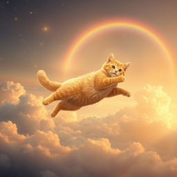 A whimsical and serene scene of a dead ginger cat soaring gracefully towards a softly glowing heaven