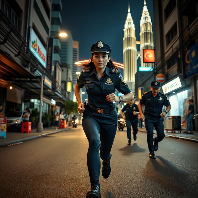 A dynamic night scene featuring a Malaysian policewoman in traditional police attire, sprinting after criminals down a dimly lit street