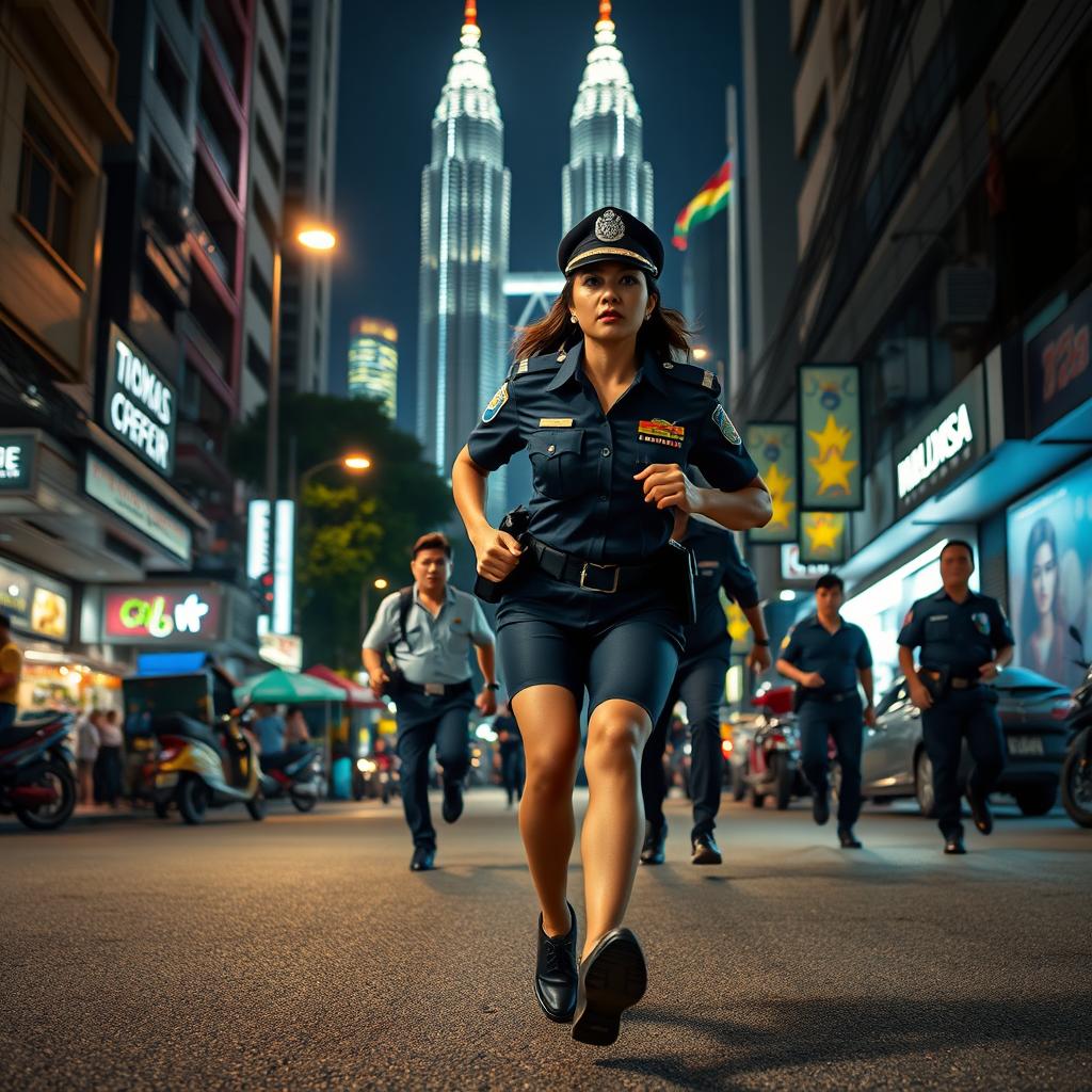 A dynamic night scene featuring a Malaysian policewoman in traditional police attire, sprinting after criminals down a dimly lit street