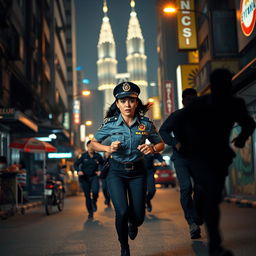 A dynamic night scene featuring a Malaysian policewoman in traditional police attire, sprinting after criminals down a dimly lit street