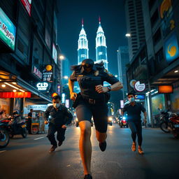 A dynamic night scene featuring a Malaysian policewoman in traditional police attire, sprinting after criminals down a dimly lit street
