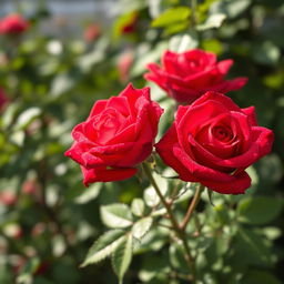 Two beautiful red roses in full bloom, surrounded by lush green foliage