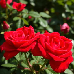 Two beautiful red roses in full bloom, surrounded by lush green foliage