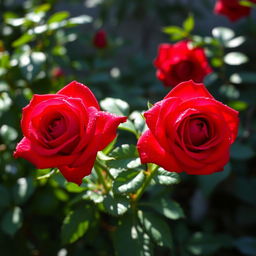 Two beautiful red roses in full bloom, surrounded by lush green foliage