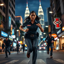 A thrilling night scene featuring a Malaysian policewoman in a sleek police uniform, sprinting after criminals on a bustling street