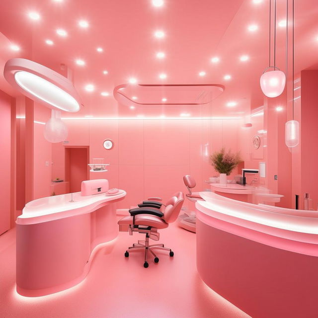 A large dental center predominantly featuring shades of pink. The center includes state-of-the-art equipment, elegantly designed reception and waiting areas, treatment rooms with pink walls and seats, and soft lighting for a comforting ambiance.