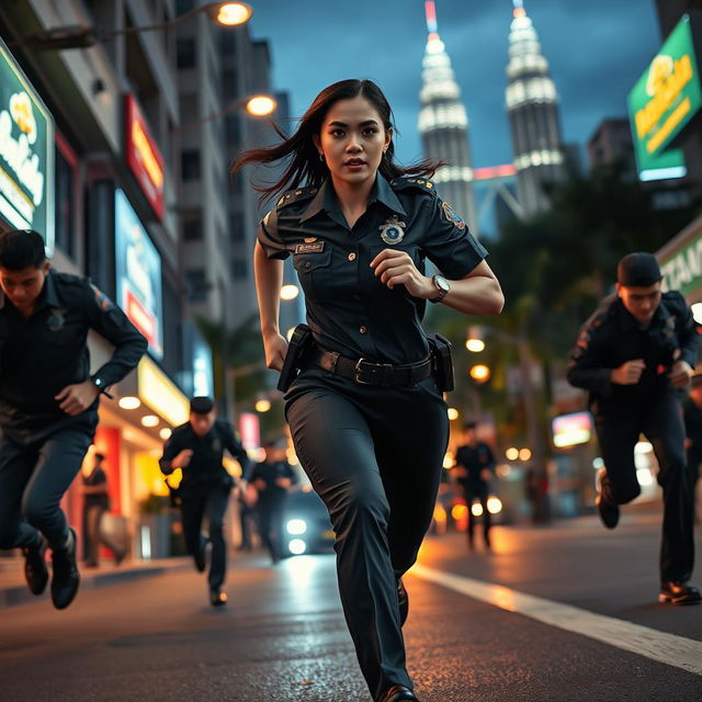 A thrilling night scene featuring a Malaysian policewoman in a sleek police uniform, sprinting after criminals on a bustling street