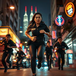 A thrilling night scene featuring a Malaysian policewoman in a sleek police uniform, sprinting after criminals on a bustling street