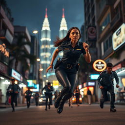 A thrilling night scene featuring a Malaysian policewoman in a sleek police uniform, sprinting after criminals on a bustling street