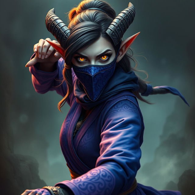 A female tiefling monk with striking yellow eyes, wearing an elaborate royal blue and purple monk outfit, complete with intricate patterns