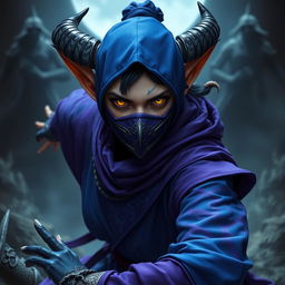 A female tiefling monk with striking yellow eyes, wearing an elaborate royal blue and purple monk outfit, complete with intricate patterns