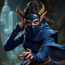 A female tiefling monk with striking yellow eyes, wearing an elaborate royal blue and purple monk outfit, complete with intricate patterns