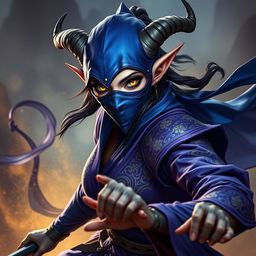 A female tiefling monk with striking yellow eyes, wearing an elaborate royal blue and purple monk outfit, complete with intricate patterns
