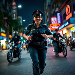 A vibrant night scene featuring a Malay policewoman in full uniform, energetically pursuing criminals down a bustling city street
