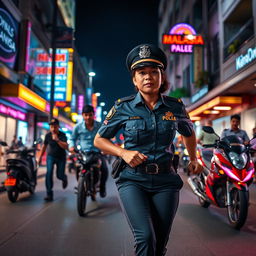A vibrant night scene featuring a Malay policewoman in full uniform, energetically pursuing criminals down a bustling city street