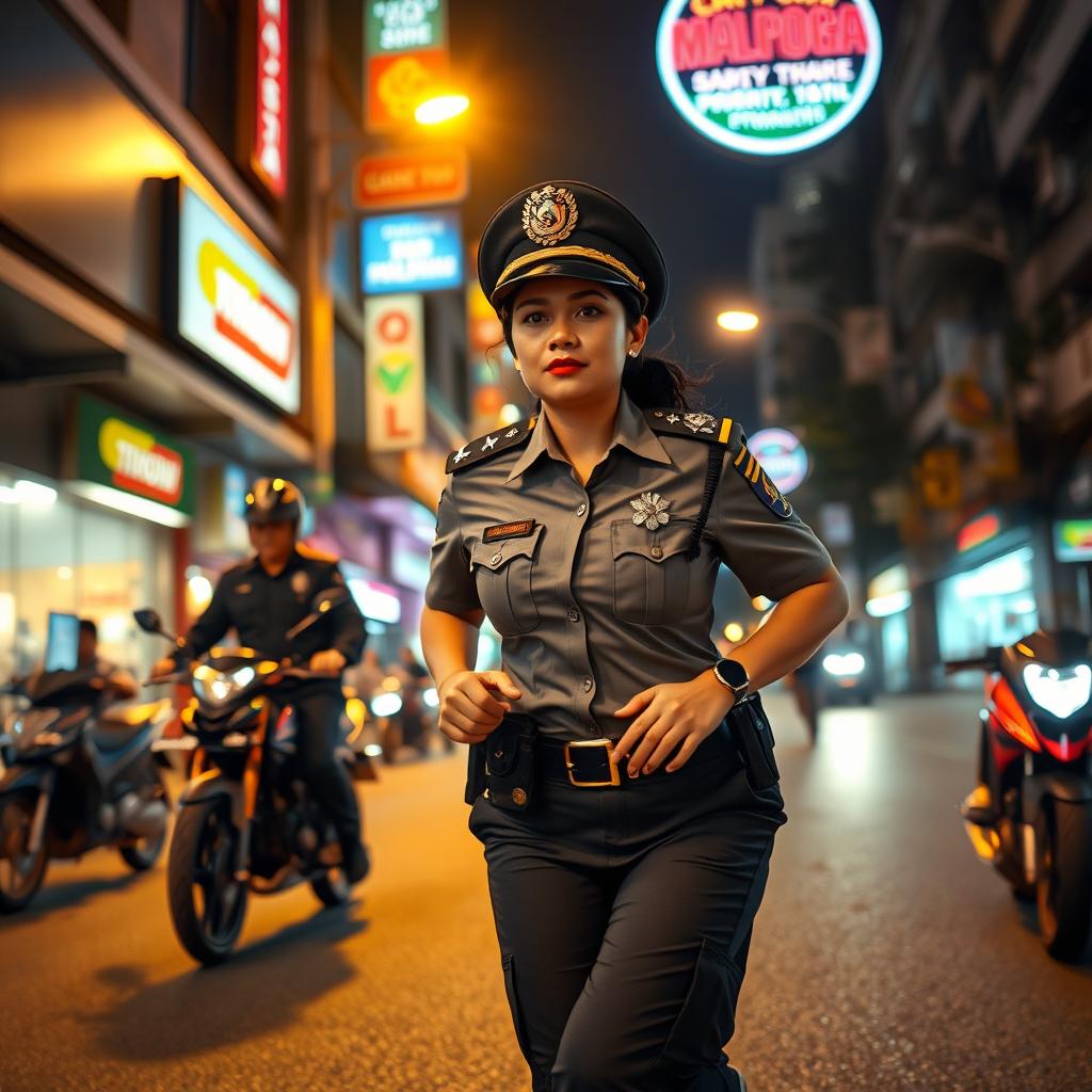 A vibrant night scene featuring a Malay policewoman in full uniform, energetically pursuing criminals down a bustling city street