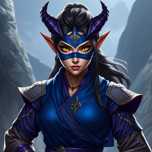 A female tiefling monk with captivating yellow eyes, dressed in a stunning royal blue and purple monk outfit that features elegant designs and subtle details