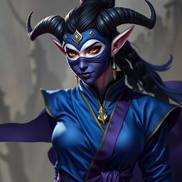 A female tiefling monk with captivating yellow eyes, dressed in a stunning royal blue and purple monk outfit that features elegant designs and subtle details