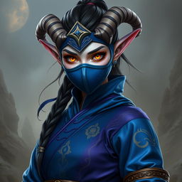 A female tiefling monk with captivating yellow eyes, dressed in a stunning royal blue and purple monk outfit that features elegant designs and subtle details