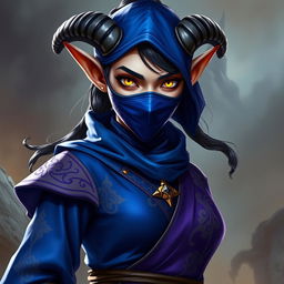 A female tiefling monk with captivating yellow eyes, dressed in a stunning royal blue and purple monk outfit that features elegant designs and subtle details