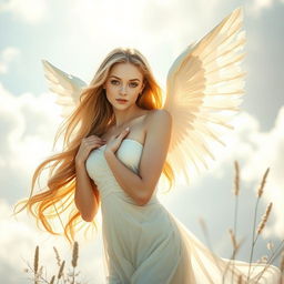 A serene and ethereal scene featuring a beautiful angel with delicate wings, gracefully posed in a natural setting