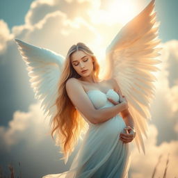 A serene and ethereal scene featuring a beautiful angel with delicate wings, gracefully posed in a natural setting