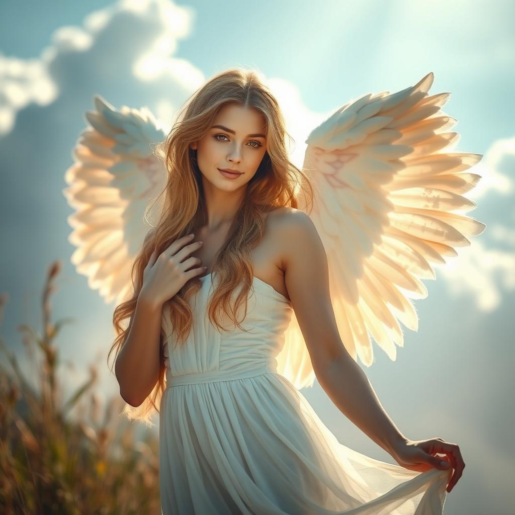 A serene and ethereal scene featuring a beautiful angel with delicate wings, gracefully posed in a natural setting
