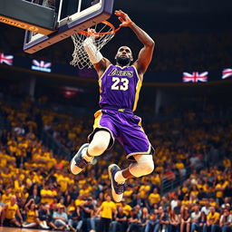 A dynamic and powerful action shot of LeBron James in a vibrant basketball setting, showcasing him mid-air making a dramatic slam dunk