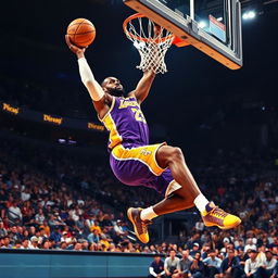 A dynamic and powerful action shot of LeBron James in a vibrant basketball setting, showcasing him mid-air making a dramatic slam dunk