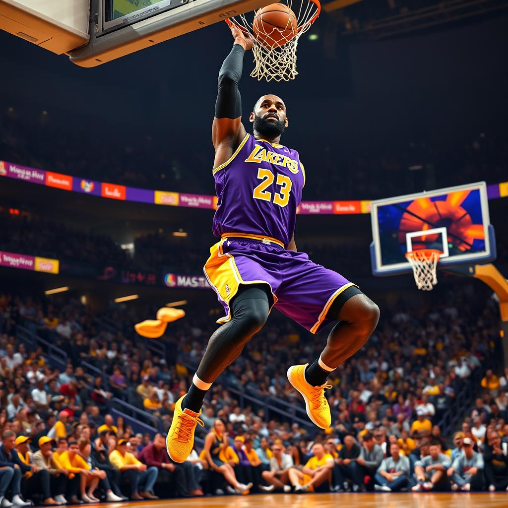 A dynamic and powerful action shot of LeBron James in a vibrant basketball setting, showcasing him mid-air making a dramatic slam dunk