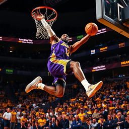 A dynamic and powerful action shot of LeBron James in a vibrant basketball setting, showcasing him mid-air making a dramatic slam dunk