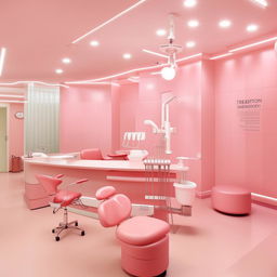 A large dental center predominantly featuring shades of pink. The center includes state-of-the-art equipment, elegantly designed reception and waiting areas, treatment rooms with pink walls and seats, and soft lighting for a comforting ambiance.