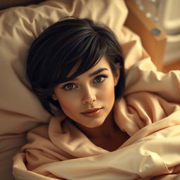 A beautiful 33-year-old woman lying in bed, showcasing her short dark brown hair and large brown eyes