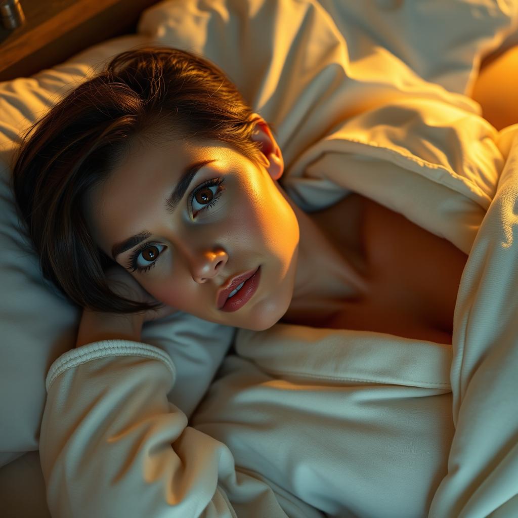 A beautiful 33-year-old woman lying in bed, showcasing her short dark brown hair and large brown eyes