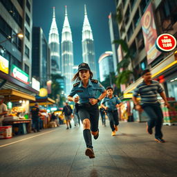 An exhilarating night scene set in Kuala Lumpur, featuring a policewoman in an official uniform sprinting after criminals down a vibrant city street
