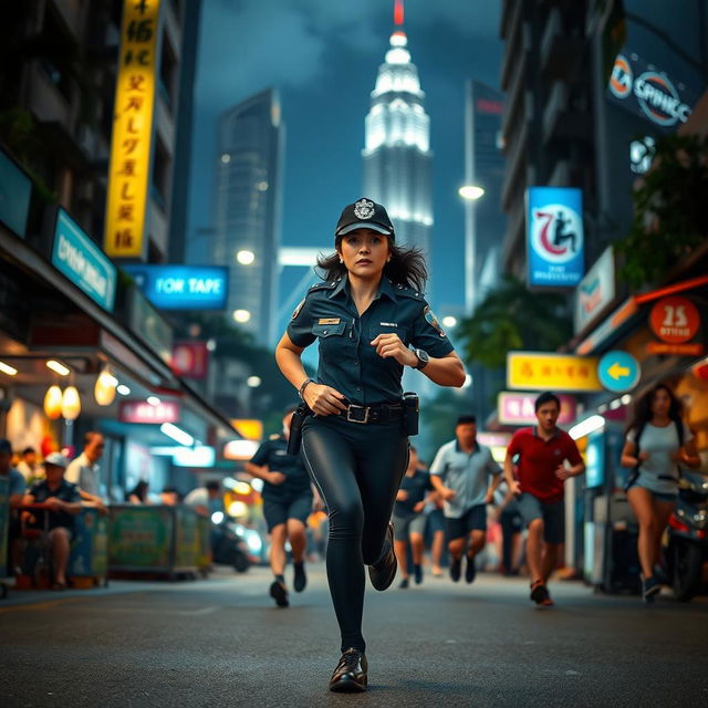 An exhilarating night scene set in Kuala Lumpur, featuring a policewoman in an official uniform sprinting after criminals down a vibrant city street