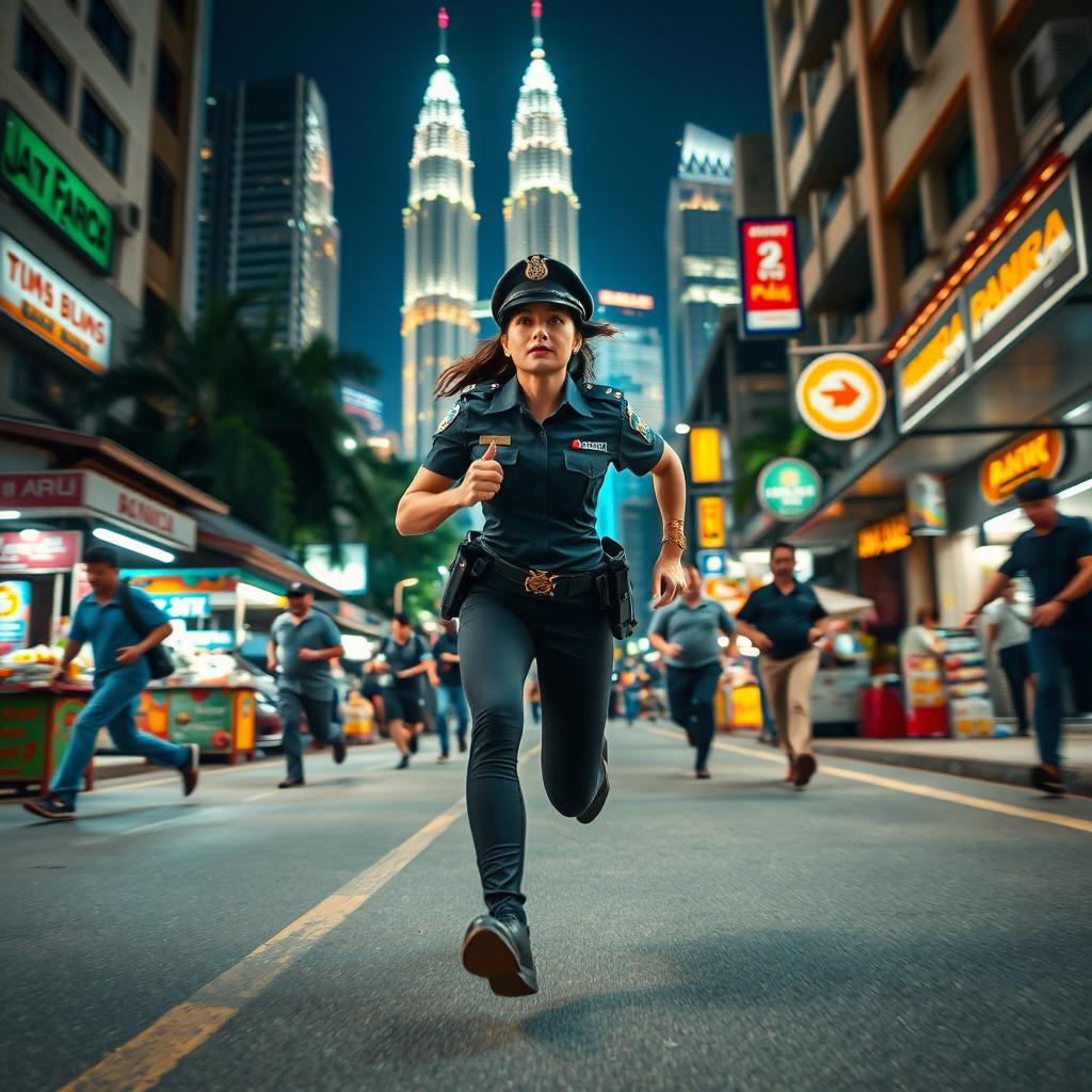 An exhilarating night scene set in Kuala Lumpur, featuring a policewoman in an official uniform sprinting after criminals down a vibrant city street